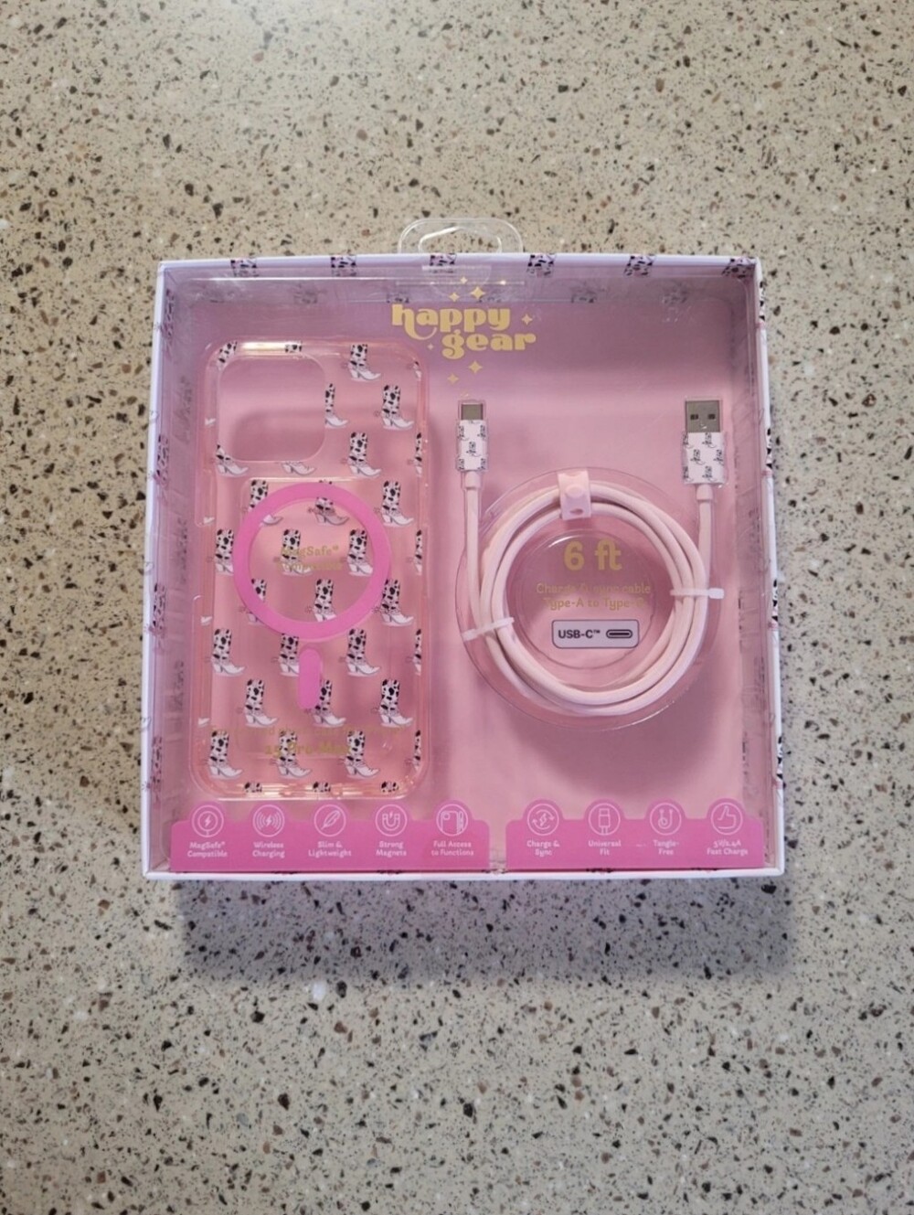 Happy Gear iPhone 15 Pro Max Magsafe Case & Charge Sync Cable Pink Cowgirl Boots